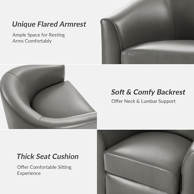HULALA HOME Genuine Leather Swivel Accent Chair with Solid Wood Base, Round Swivel Barrel Chair for Living Room and Bedroom, No Assembly Required, Grey