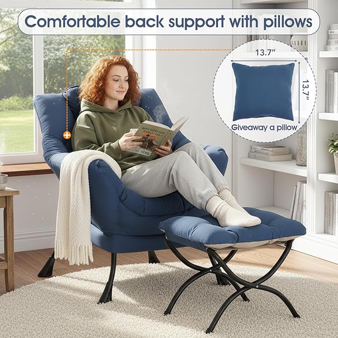 Lazy Chair with Ottoman, Reading Chair with a Pillow, Leisure Sofa Armchair with Ottoman, Large Accent Chair for Bedroom, Living Room, Dorm Room, Peach Royal Blue