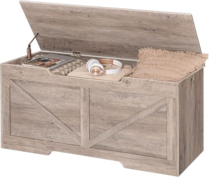 HOOBRO Storage Bench, 43.3” Retro Wooden Storage Chest with U-Shaped Cut-Out Pull, Safety Hinge, Supports 220 lb and Easy Assembly for Toy Box Organizer (Greige) BG772CW01 - Image 7