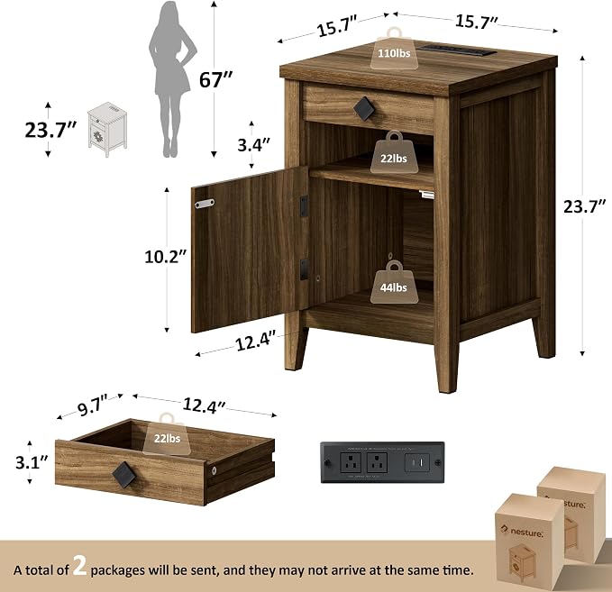 Night Stand Set of 2 with Charging Station and Drawers for Small Space,Wood Nightstand with Storage Cabinet & Drawer & Shelf,Modern and Farmhouse Nightstand for Bedroom,Walnut - Image 2