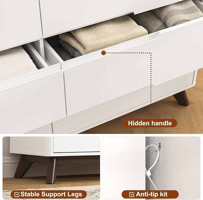 Dresser for Bedroom with 8 Drawers, 55" Large Dresser & Chest of Drawers with Charging Station, Wood Closet Clothes Storage Tall Dressers Organizer for Bedroom Living Room Hallway (White) - Image 6