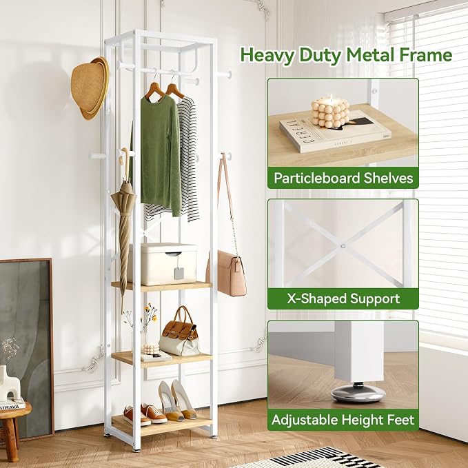IBUYKE Coat Rack with Shelves, Freestanding Hall Tree with 3 Shelves and 8 Hooks, Industrial Clothes Stand for Entryway, Hallway, Bedroom, Natural UTMJ088R - Image 7