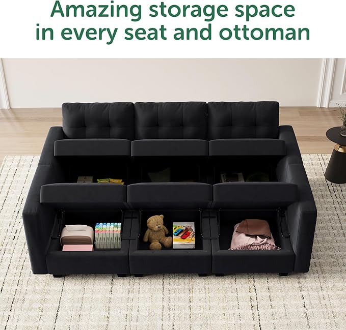 HONBAY Sectional Couch with Storage, Modular Sectional Sofa, Velvet Couches for Living Room, Mid Black