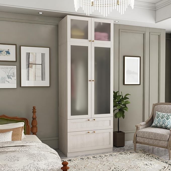 2 Door Wardrobe Armoire Closet with Hanging Rod & 2 Drawers, Bedroom Armoire with Frosted Glass Doors, Top Cabinet & Gold Knobs, Wood Grain, 19.9”D x 31.5”W x 86.6”H