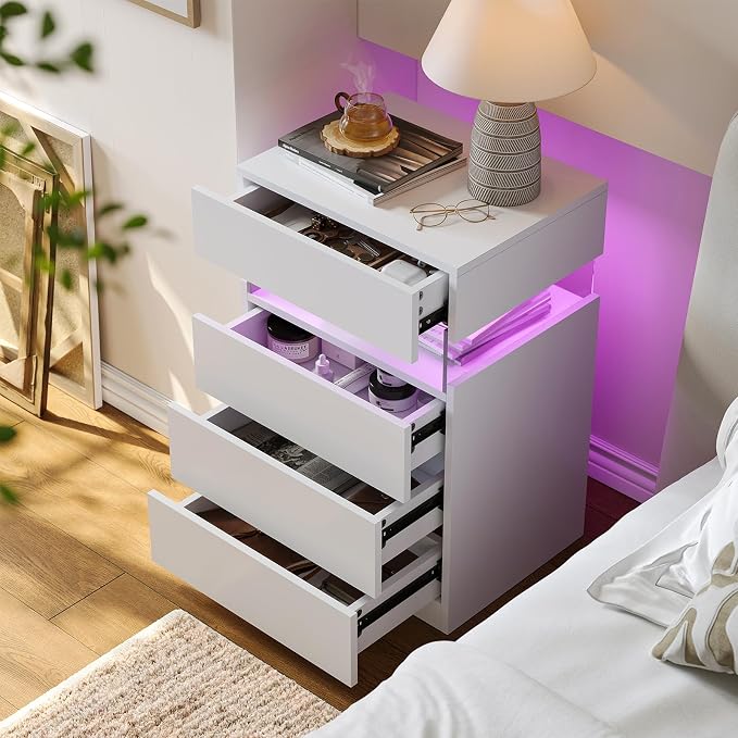 Bingoday White LED Nightstands Set of 2,Modern Night Stand with 4 Drawers,Tall Nightstand,Large Capacity,Multi-Color LED Lights,End Side Table for Bedroom - Image 5
