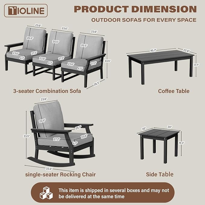 HDPE Patio Conversation Set, 7-Piece All Weather Outdoor Furniture Set with 2 Single Rocking Armchairs for Deck, Lawn, with Cushion, Black