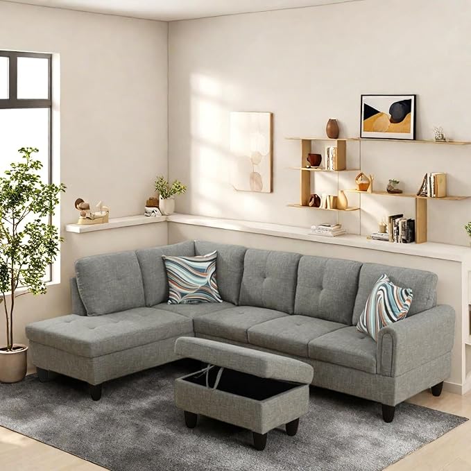 FONTOI L Shaped Sectional Couches, Lounge Modular Sectional Sofa for Living Room Bedroom Furniture, Comfortable 4 Seat Couch with Ottoman Storage & Chaise, Grey