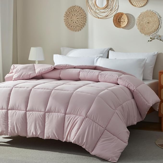 BedTreat Down Alternative Comforter Twin Duvet Insert with Corner Tabs, All Season Quilted Bed Comforter Box-Stitched Twin Comforter Light Pink，Machine Washable Microfiber Bedding