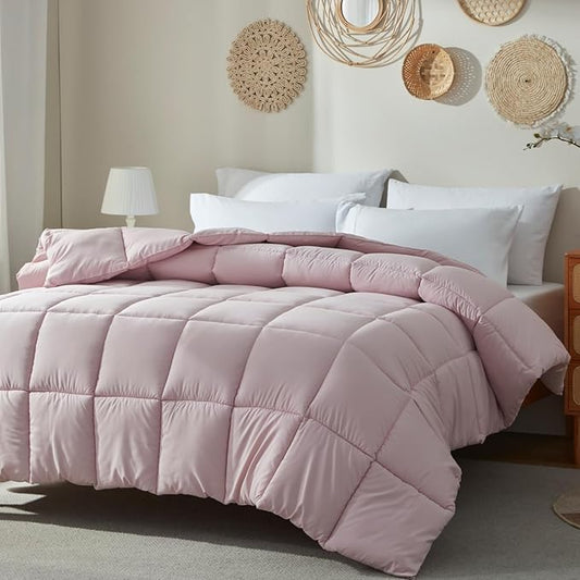 BedTreat Down Alternative Comforter Twin Duvet Insert with Corner Tabs, All Season Quilted Bed Comforter Box-Stitched Twin Comforter Light Pink，Machine Washable Microfiber Bedding