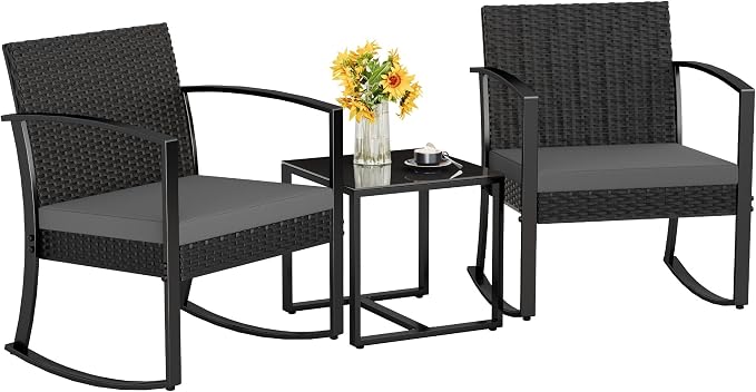 Homall Patio Furniture Set 3 Piece Resin Outdoor Bistro Set Rocking Patio Chairs with Cushions and Table for Porch, Poolside, Balcony and Yard (Grey) by Homall