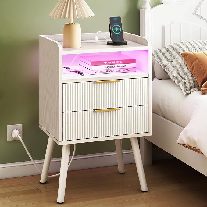 Fixwal White Fluted Nightstand with Charging Station, LED Night Stand with 2 Wood Drawers for Bedroom, Modern Bedside Table, 15.7 x 11.8 x 25.6in by Fixwal