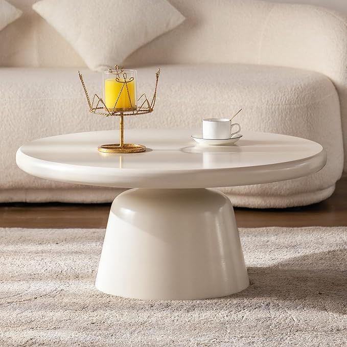 Cream White Nesting Coffee Table Set Triangle Coffee Tables and Round Tempered Glass Side Table 2 in 1 Modern Center Tables Low Tables Sets for Living Room, Bedroom Easy Assemble (Round 31.5")