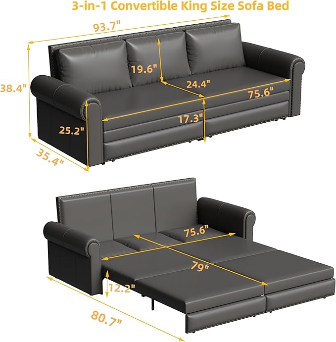 Eafurn 93.7" King Size Pull Out Sofa Bed, 3-in-1 Convertible Sleeper Sofa Couch Bed with Nailhead Decor and Rolled Arms, Faux Leather Oversized Chesterfield Loveseat Chaise Lounge