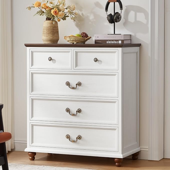 Joaxswe Farmhouse 5 Drawer Dresser for Bedroom, 35" Tall Rustic Chests of Drawers w/ 4 Solid Wood Feet, Mid Century Modern Wooden Closet Storage Dressers Organizer for Living Room, Hallway,White by Joaxswe