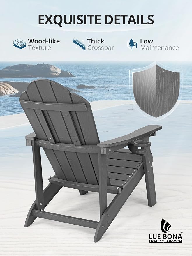 LUE BONA Matte HDPE Adirondack Chairs Set of 4 - Weather Resistant Seating with Cup Holder for Patio, Fire Pit, Deck & Cafe Patio, Dark Gray - Image 4
