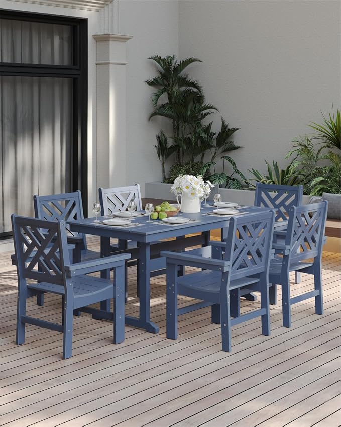 7-Piece Outdoor Dining Set, HDPE All-Weather Patio Table and Chairs Set for 6, Outdoor Patio Furniture Sets with Umbrella Hole for Outside, Deck, Backyard, Garden (Navy Blue) - Image 9