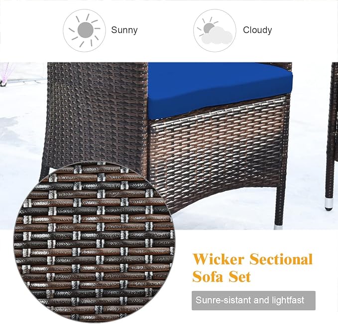 8 Pieces Patio Sofa Set, Wicker Conversation Set with Ergonomic Curved Backrest, Water-Resistant Cushion & Tempered Glass Table for Balcony, Porch (Navy Blue)