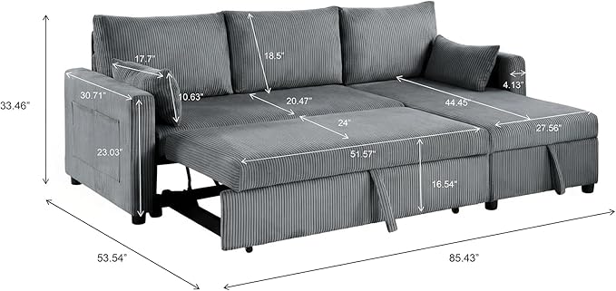 Casaphoria 85" Corduroy Sleeper Sofa with Pull Out Bed & Storage Chaise, L-Shaped Sectional Couch for Small Apartment, Living Room & Guest Room, 3-Seat Convertible Sofa Bed, Dark Gray