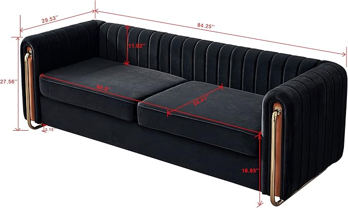 KEIKI 84" Velvet Deep Channel Tufted Sofa with Back Cushions and Rolled Arms, Modern Style 3-Seater Couch with Golden Polished Steel Legs, Easy Assembly, for Living Room, Bedroom, Office, Black