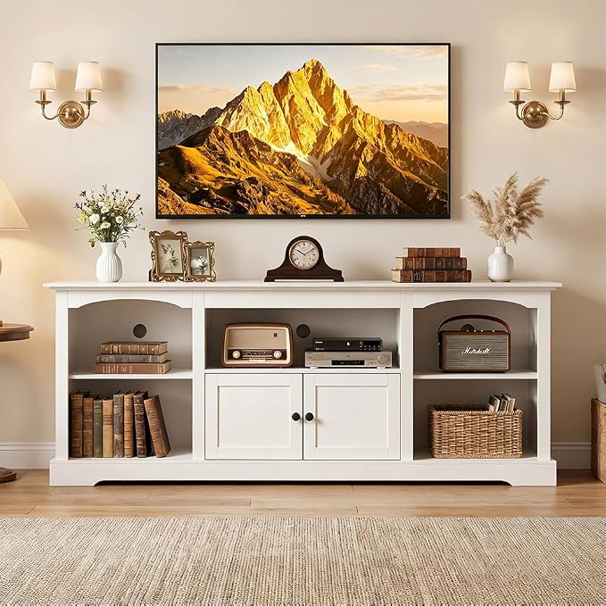 LUCKLIFE 71" TV Stand for TVs up to 80 Inch,Modern Farmhouse Entertainment Center with Arched Cabinet Doors & Open Adjustable Storage Shelves,Media Console Table for Living Room (White, 71 inch) - Image 3