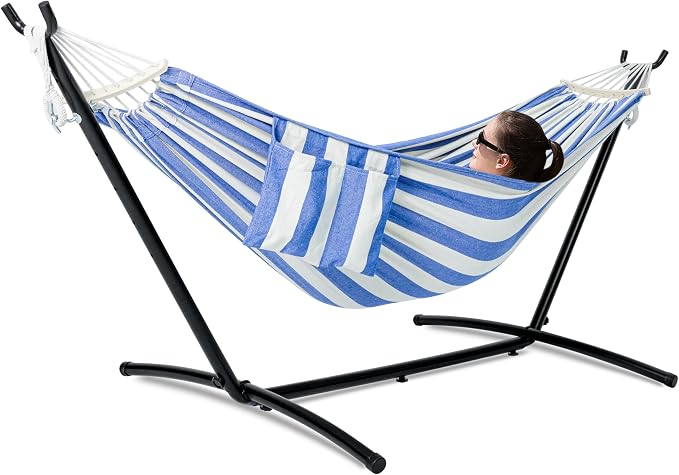 GAFETE Double Hammock with Stand for Outside, Upgraded Spreader Bar, Heavy Duty Space Saving Steel Stand 2 Person, Convenient Pockets, 600lbs Weight Capacity, Indoor & Outdoor (Blue & White) by GafeteOutdoorLiving