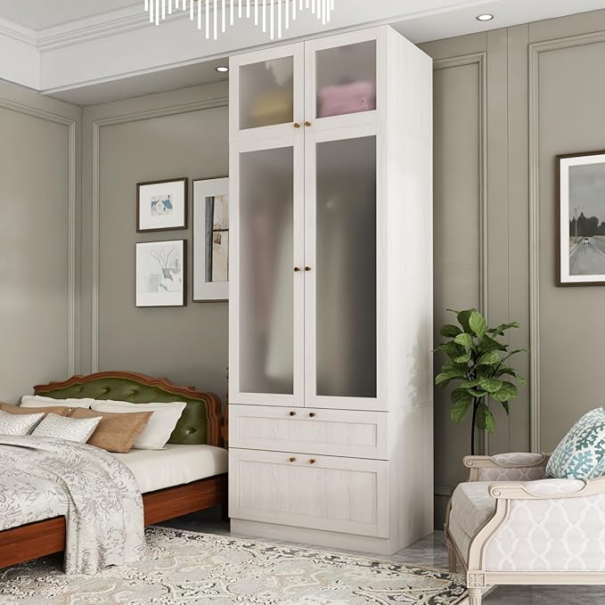 2 Door Wardrobe Armoire Closet with Hanging Rod & 2 Drawers, Bedroom Armoire with Frosted Glass Doors, Top Cabinet & Gold Knobs, Wood Grain, 19.9”D x 31.5”W x 86.6”H