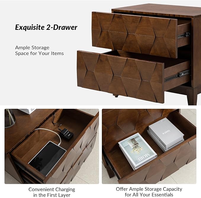 HULALA HOME Modern End Table with Charging Station, 2 Drawers Side Table with Solid Wood Legs, Walnut - Image 5