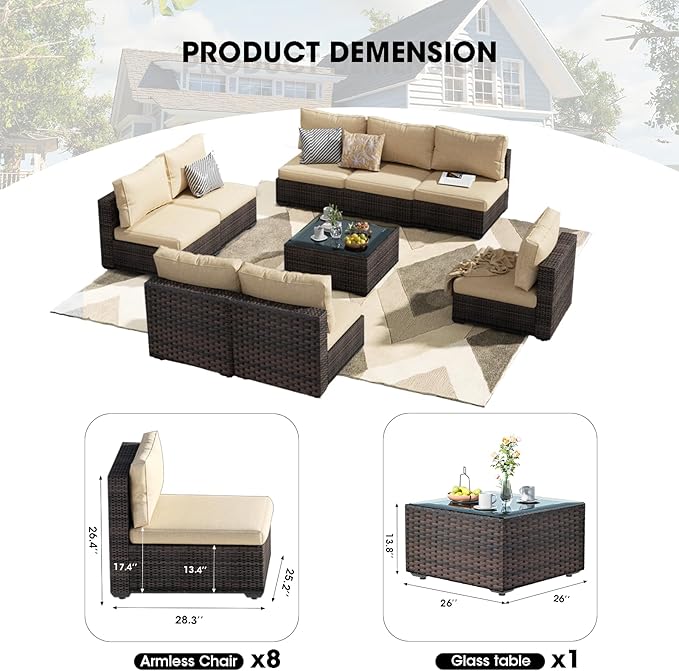 Patio Furniture Set 9 Piece All Weather PE Rattan Outdoor Sectional Sofa Couch with 8 x armless Sofa, No-Slip Cushions and Glass Top Table for Garden, Poolside, Backyard (Beige)