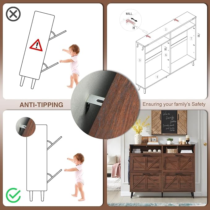 Barnyatoh Shoe Storage Cabinet,Farmhouse Shoe Organizer with 4 Flip Drawers & Barn Door Design,Freestanding Hidden Slim Narrow Shoe Rack Cabinet with Open Shelves for Entryway,Foyer,Hallway,Walnut - Image 7