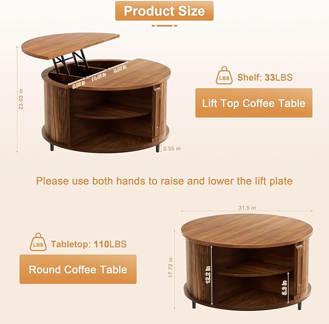 Round Lift Top Coffee Table, 31.5" Fluted Wood Lift Up Center Table with Sliding Door & Hidden Storage – Mid Century Modern Circle Coffee Table for Living Room, Home Office, Apartment (Walnut)