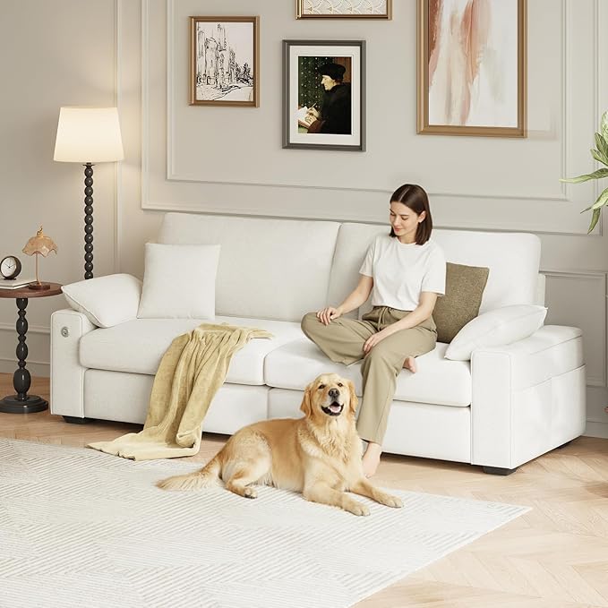 89" Loveseat Couch, 3 Seater Upholstered Midcentury Mondern Love Seat with USB Type C Ports, 4 Pillows and Storage Armrest Cloud Foam Sofa for Living Room/Small Spaces, Beige | Breathable material