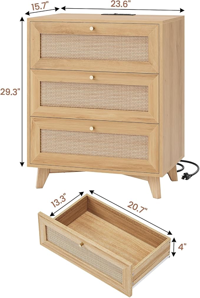 VIAGDO Rattan Nightstand Set of 2 with Charging Station, Natural Rattan Night Stand with 3 Large Wicker Decorated Drawers, Boho Bedside Table, End Side Table, 3 Drawer Dresser for Bedroom - Image 2