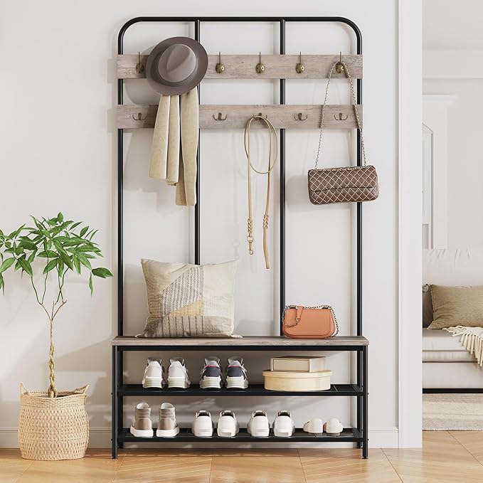 HOOBRO Hall Tree with Bench, Entryway Bench with Coat Rack, Mud Room Rack with 12 Double Hooks and Shoe Storage, Coat Tree, Shoe Organizer, for Foyer, Front Door, Greige and Black BG05MT01 - Image 3