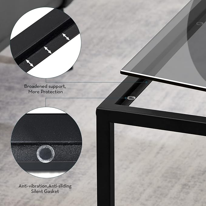 SAYGOER Glass Coffee Table, Small Modern Coffee Table Square Simple Center Tables for Living Room 26.7 x 26.7 x 17.7 Inches, Gray Black
