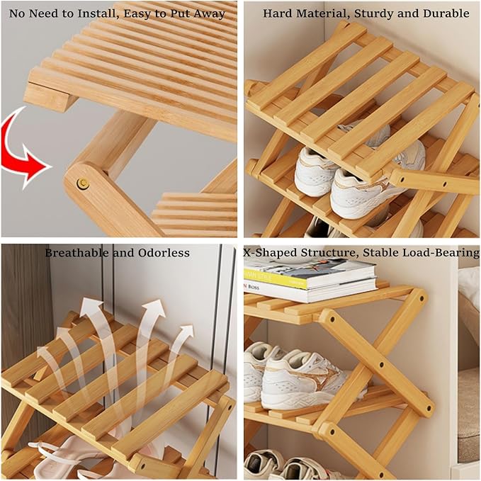 Foldable Shoe Rack, Bamboo Vertical Shoe Organizer Tall for Small Spaces. Multifunctional Narrow Shoe Shelf for Entryway, Closet, Corner, Bedroom, Hallway, Wood Color 6 Layers - Image 4