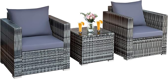 Tangkula 3 Pieces Patio Furniture Set, PE Rattan Wicker Sofa Set w/Washable Cushion and Tempered Glass Tabletop, Outdoor Conversation Furniture for Garden Poolside Balcony
