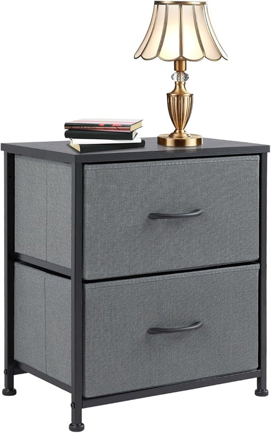 Simple Deluxe Nightstand 2 Drawers Dresser for Bedroom, 3-Tier Bedside Table with Fabric Bins, End Table for Living Room, Wood top Load-Bearing up to 44 lb, Grey