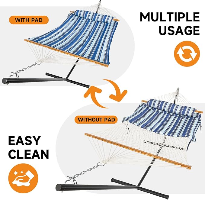 Everyfun 2 Person Outdoor Hammock with Stand, Cotton Rope Hammock with Polyester Pad, Adjustable Steel Frame, Portable with Carrying Bag – for Patio, Backyard, Garden, Beach, Blue - Image 3
