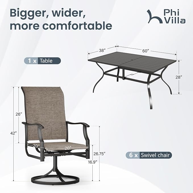 PHI VILLA 7 PCS Patio Dining Set, Outdoor Table & Chairs Set with Large Metal Table & 6 High Back Padded Outdoor Swivel Armerest Chairs, Patio Dining Furniture Set for Patio, Lawn, Garden, Porch - Image 9