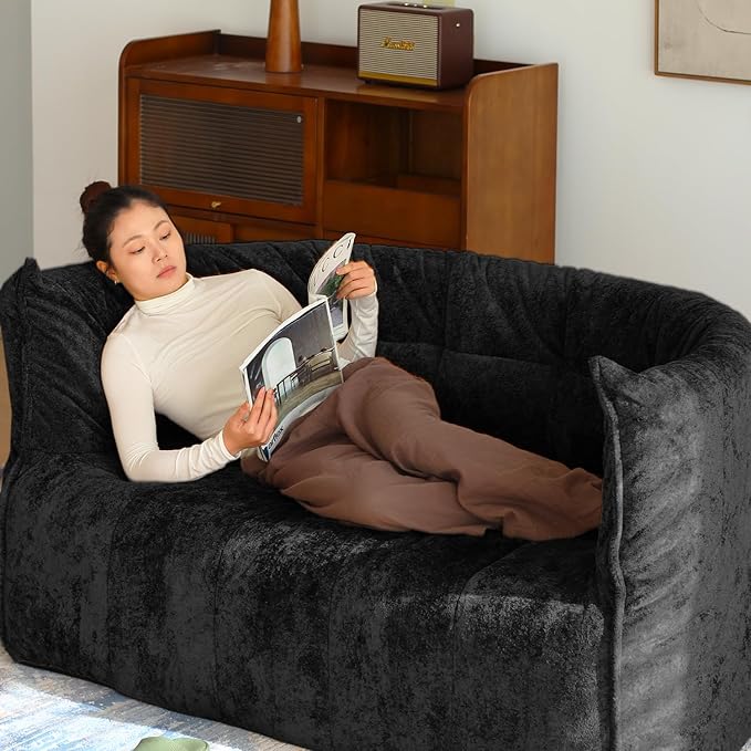 N&V Mid Century Brigantin Deep Relaxation Sofa, Soft Premium Chenille, for Living Room Bedroom and Office (Black, ThreeSeater)