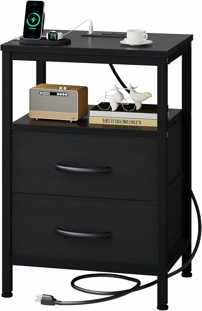 OLIXIS Nightstand with Charging Station, Bedside Table with USB Ports & Type-C, 2 Fabric Drawers Night Stand with Open Shelf, Compact End Table for Bedroom, Black by OLIXIS