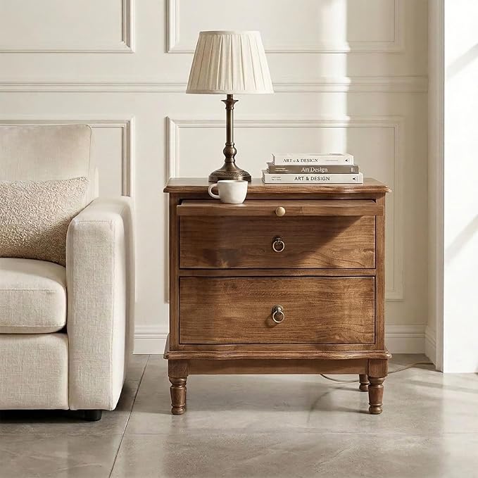 HULALA HOME Solid Wood Storage End Table with Hidden Pull-Out Shelf, Transitional 2 Drawer Side Table with Charging Station, Large SideTable with USB Ports, Easy Assembly, Cherry by HULALAHOME