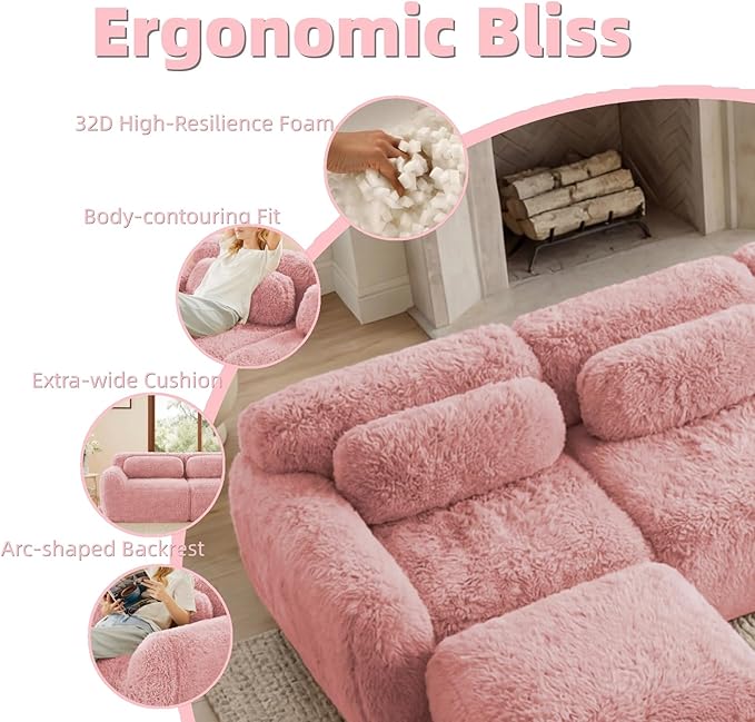 114.7" L-Shaped Boneless Modular Sofa, Plush Foam Lounge Couch, 32D High Density Sponge, Plush Convertible Sofa Set Deep Seat Couches for Living Room, Bedroom and Apartment, Pink