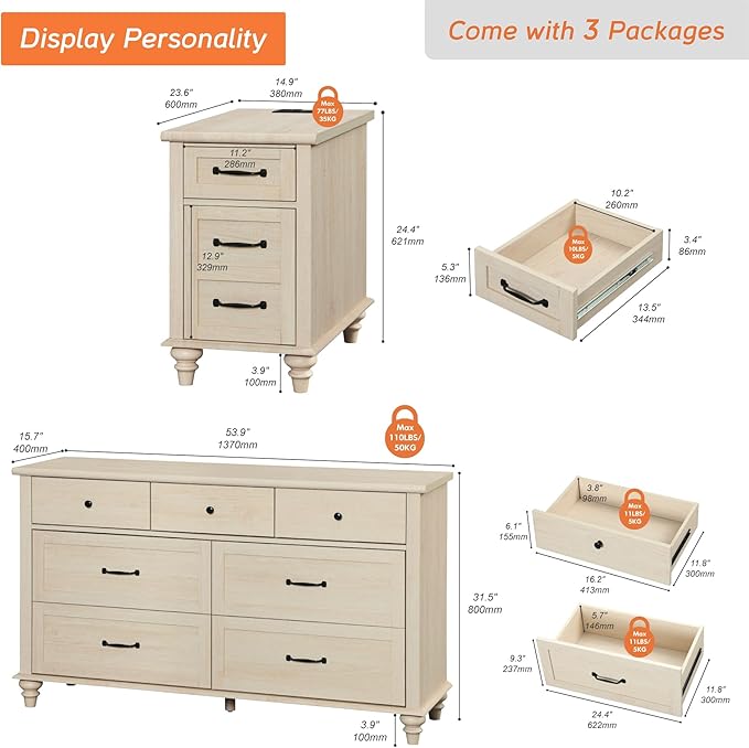 WAMPAT 3 Piece Bedroom Set - Includes Farmhouse 7 Drawer Dresser, Set of 2 End Tables with Charging Station & Storage Cabinet, 3 Piece Dresser and Nightstand Sets, Beige