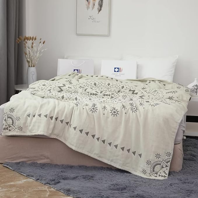 Boho Throw Blanket for Bed 100% Cotton Ultra Soft Rustic Quilt Spring Blanket Geometric Mandela Printed Farmhouse Decor Bed Blankets,80"x90" All Season Rustic Throw for Sofa Couch Chair