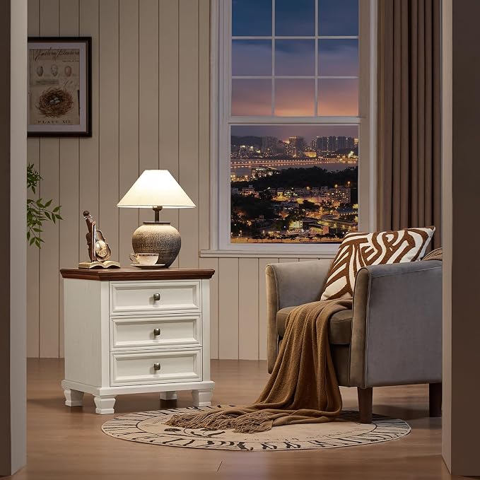 SAVOR LIFE Farmhouse Nightstand with 3 Drawers, Rustic Couch End Table with 4 Square Solid Wood Legs, Mid-Century Modern Bed Side Table with Storage, Small Dresser for Bedroom, Living Room, White - Image 3