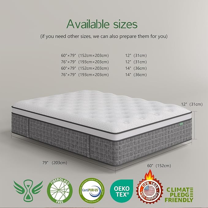 Queen Size Mattress, Medium Firm 12 Inch Hybrid Mattress Queen Size in a Box - Memory Foam & Pocket Springs for Back Pain Relief, Fiberglass Free, Motion Isolation, CertiPUR-US & OEKO-TEX Certified