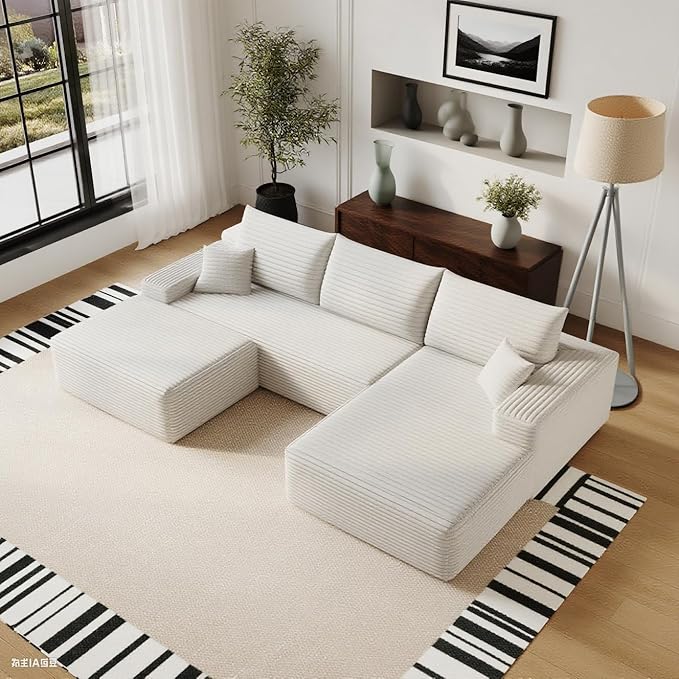 107" Corduroy Couch with Ottoman, Cloud Sectional U Shaped Sofa, Deep Seat Boneless Couches for Living Room Bedroom Apartment, Compressed Foam No Assembly Required, Right Facing Chaise, White
