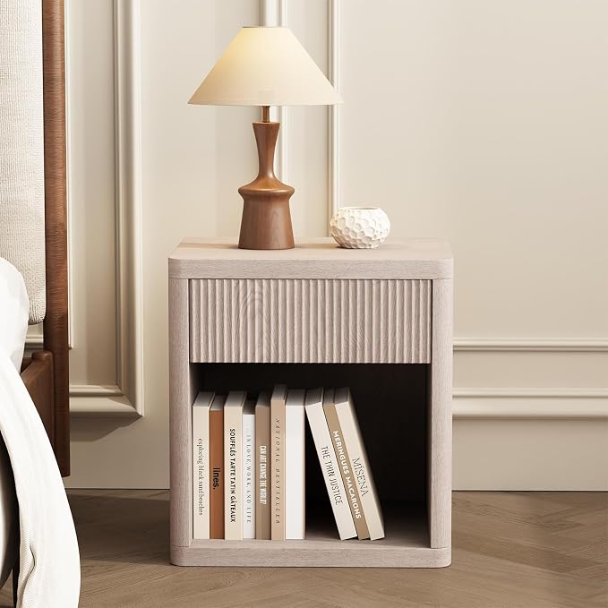 DUMOS 22.7" Modern Night Stand with Drawer and Open Shelf, Mid Century Bedside Table for Bedroom, Wood End Table with Fluted Front, Sturdy Compact Sofa Side Table, White Oak - Image 3