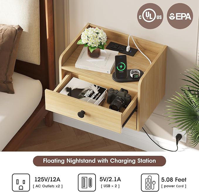 Floating Nightstand Set of 2 with 2 Storage Drawers and Charging Station Wood Wall Mounted Bedside End Table Modern Night Stands Set 2 for Bedroom,Small Space,Natural - Image 4